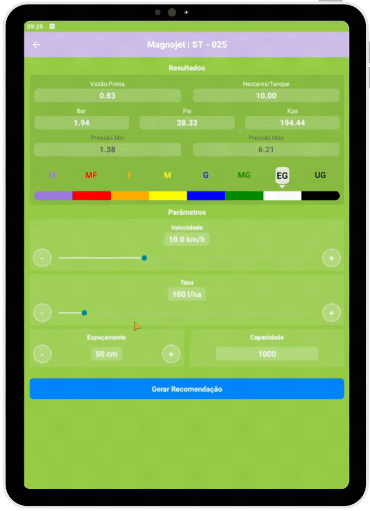 Tela mostrando preenchimento de dados técnicos para cálculo de pulverização