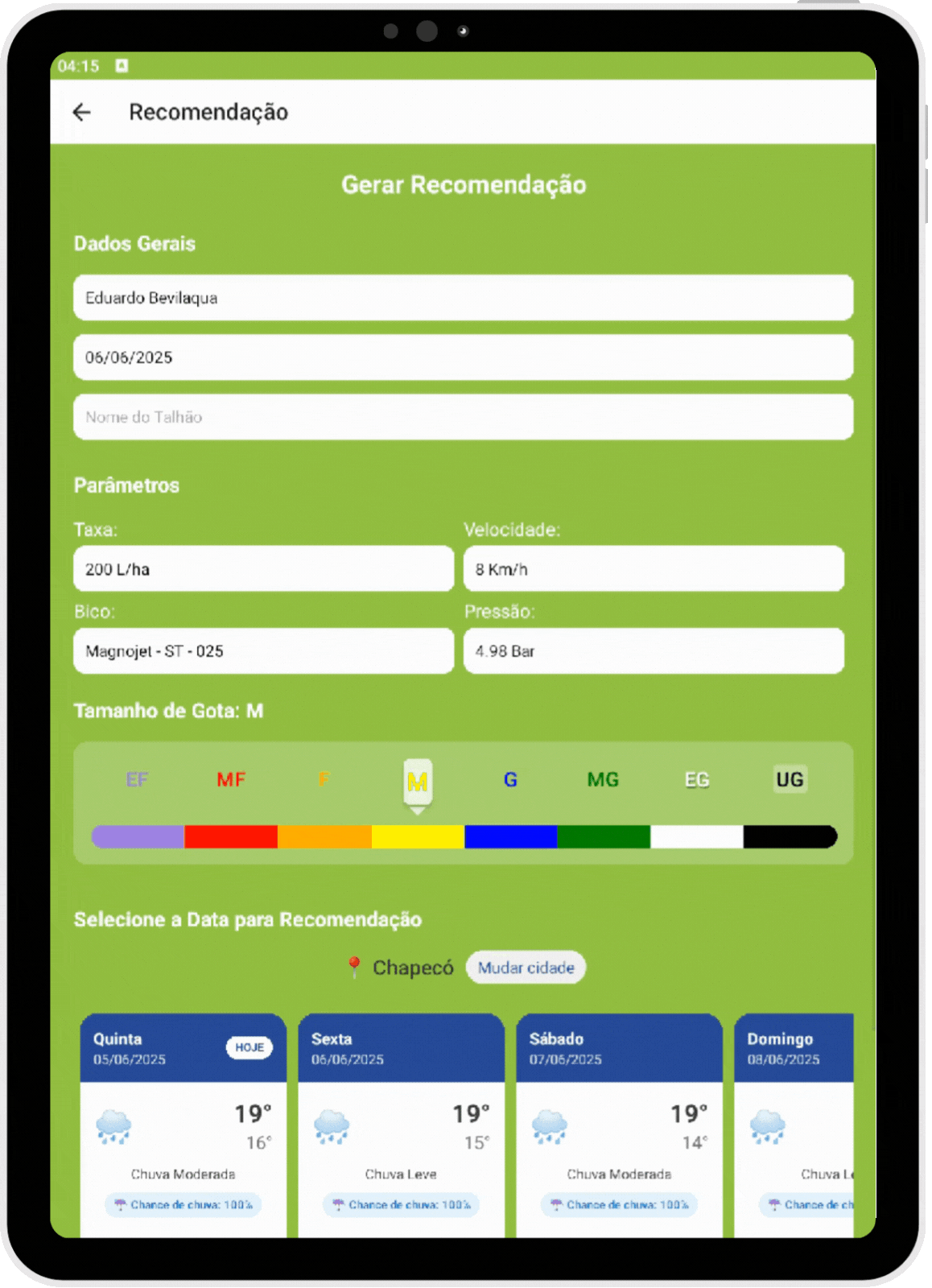 Tela do app exibindo recomendação técnica com parâmetros e clima