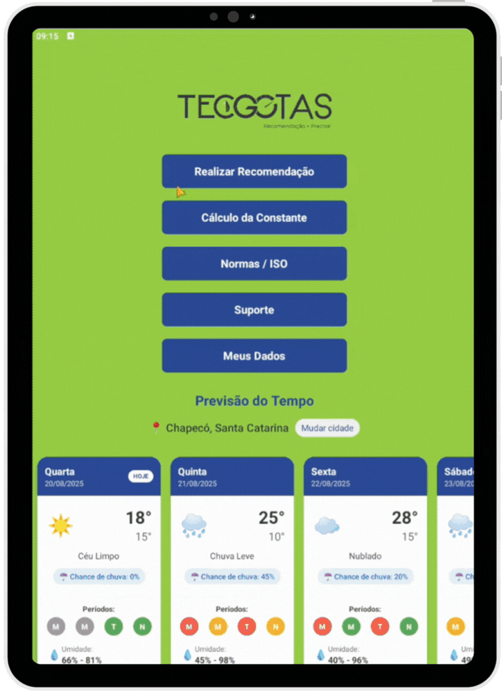 Tela do aplicativo mostrando a seleção do modelo de bico de pulverização